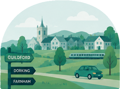 Signposts to Guildford, Dorking and Farnham in the Surrey countryside