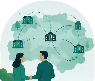 Two people shaking hands beside a map showing connected Surrey councils